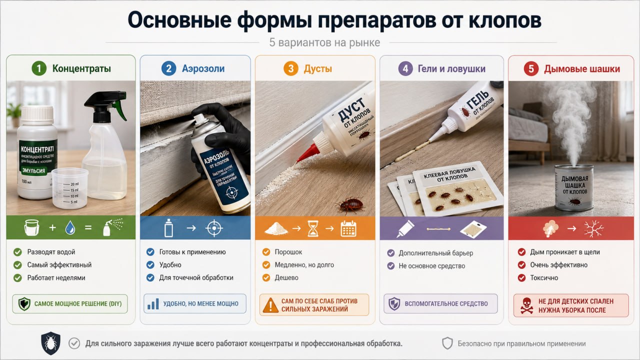 Основные формы препаратов от клопов